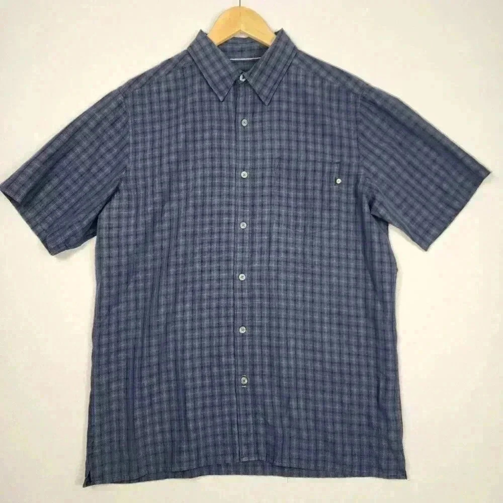 Marmot Men's Button Up Shirt Med. Short Sleeve‎ Blue Plaid Side Split Relaxed